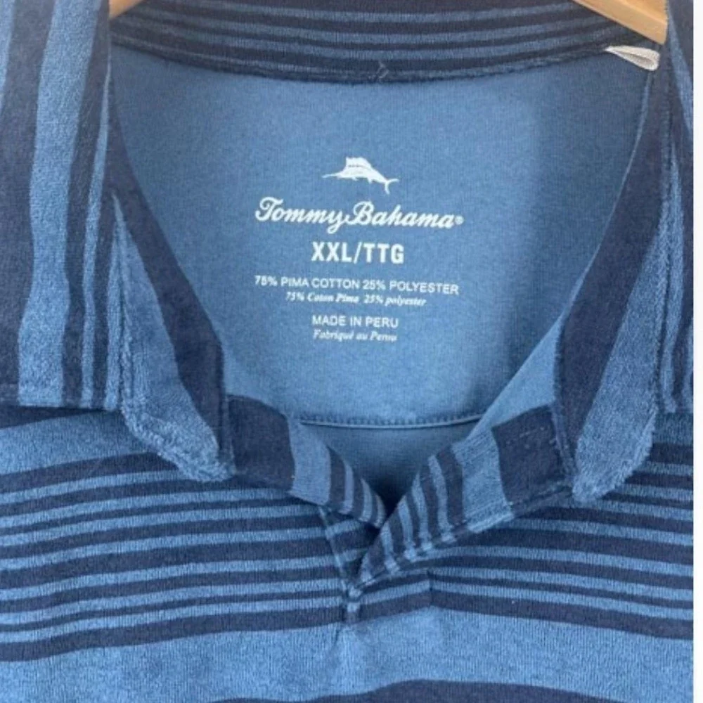 Tommy Bahama Relax Mens XXL Blue Striped Short Sleeve Pima Cotton Blend Polo